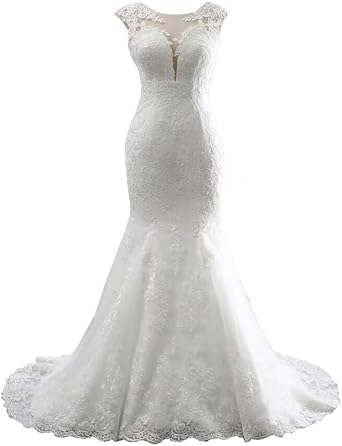 Mermaid Wedding Dresses with Sheer Cap Sleeves Bateau Lace Bridal Dress for Women Plus Size 2026