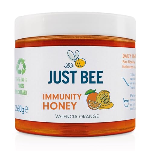 Just Bee Orange Immunity Honey, Orange Flavoured Honey with Vitamins for Daily Immune Support including Vitamin D, C, B6, B12, Echinacea (260g jar)