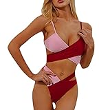 Modedesign: Zweiteilige Farbblock-Badebekleidung. Binde-BH mit verstellbaren Spaghettiträgern. Aushöhlter Tanga. Stilvoll und sexy.