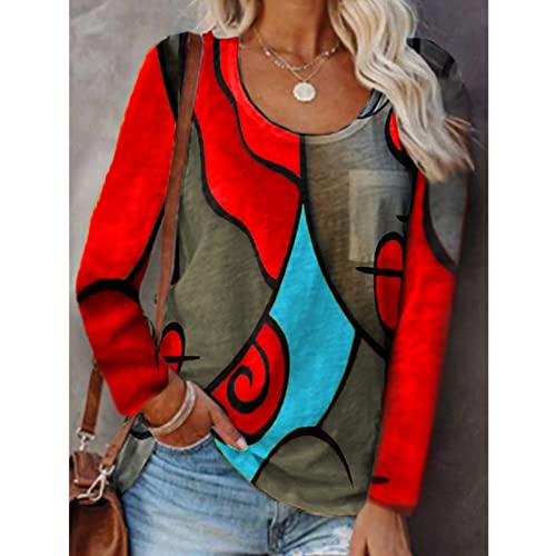 PKYGXZ Camisetas de Manga Larga para Mujer Cuello Redondo Contraste Patchwork Camisas Casuales Blusa Casual Suelta Retro Pullover Sudadera Tops,Rojo,5XL Cover