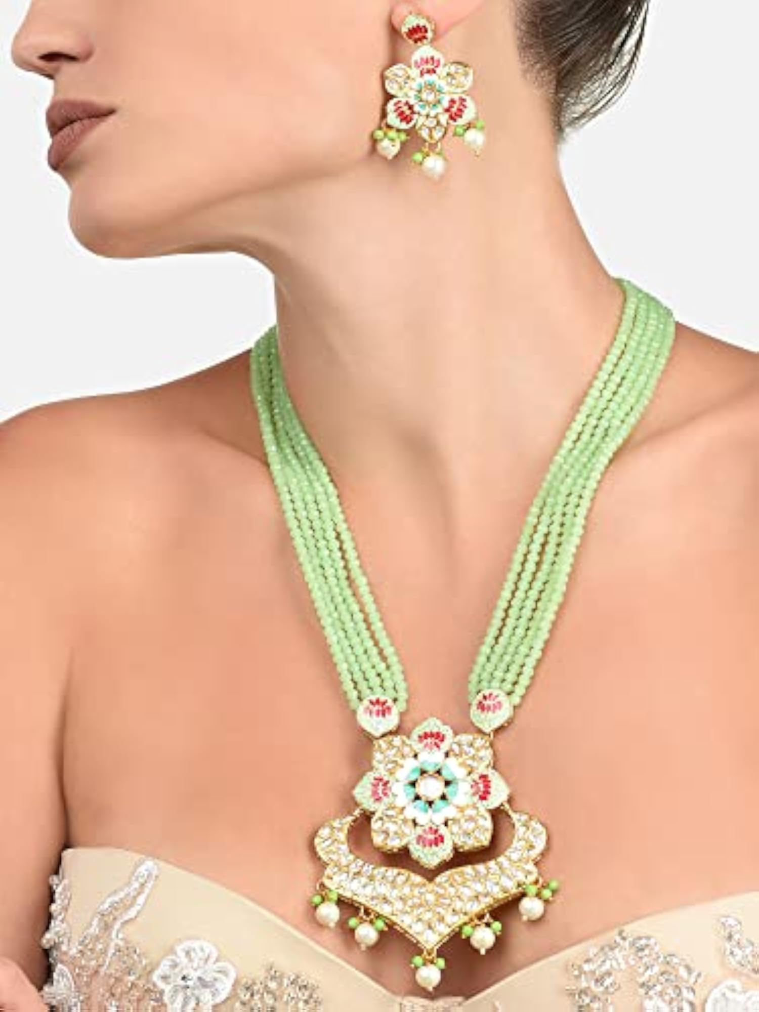 Multicolor Meenakari Multistrand Crystal Necklace & Earring Set