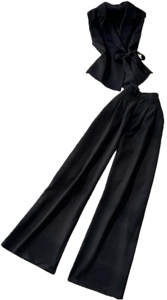 Womens Two Piece Sleeveless Coat and Pant Set Turn Down Collar Waistcoat Wide Leg Long Trousers Spring Outfit