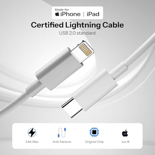 Image of Apple Usb Type C To Lightning Cable 27W [Mfi Certified + 1 Years Warranty] Fast Charger Cable For iPhone 14 /13 /12 /11 /X /XS /XR /8 /Plus, iPad Mini /Pro /Max, USB Type-C Power Delivery Cord, 1M, White
