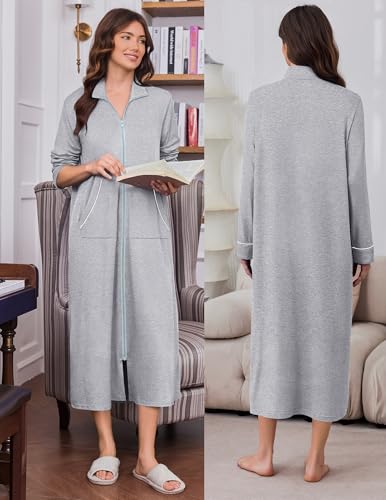 Image of Ekouaer Zipper Robes for Women Long Sleeve Lightweight House Coats with Pockets Zip Up Bathrobe Loungewear S-3XL