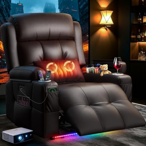 Image of Home Theater Seating, Power Recliner Sofa Chair with Massage & Heat, Wall Hugger Reclining Single Chairs with USB, RV Furniture with LED Lights, Cup Holders for Movie Theater & Gaming Room