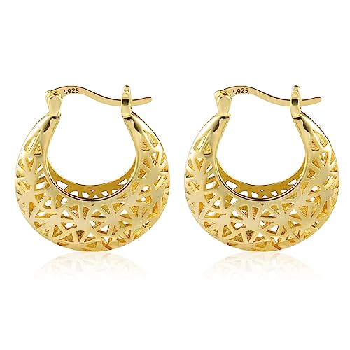 ALEXCRAFT Gold Filigree Hoop Earrings for Women 14K Gold Plated Medium Size Hypoallergenic Statement Earring