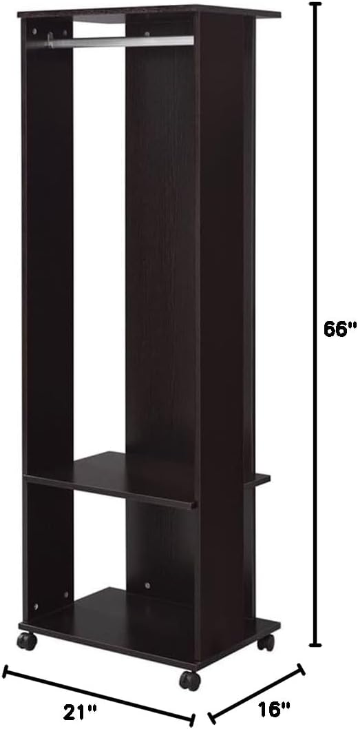 BOWERY HILL Contemporary Wood Hall Tree, Espresso Finish, 21 in L x 16 in W x 66 in H, 2 Shelves, Hanging Rod, Caster Wheels, Entryway Organizer for Coats and Storage