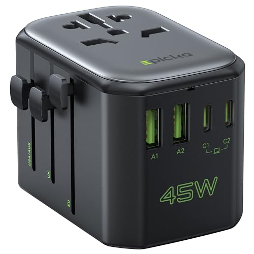 EPICKA Reiseadapter Weltweit,45W PD Fast Charge Universal Reisestecker Adapter mit 2 USB und 2 USB C, Travel Adapter für Europa USA Japan Korea Thailand Australien, Schwarz