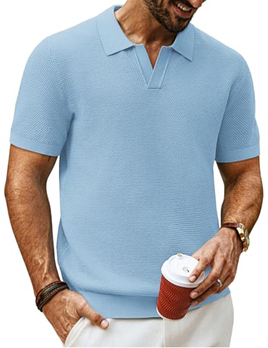 PJ PAUL JONES Men Polo Shirt Short Sleeve Knit Polo Slim Fit V Neck Knitted Textured Polo Shirts Beach Travel XL Light Blue