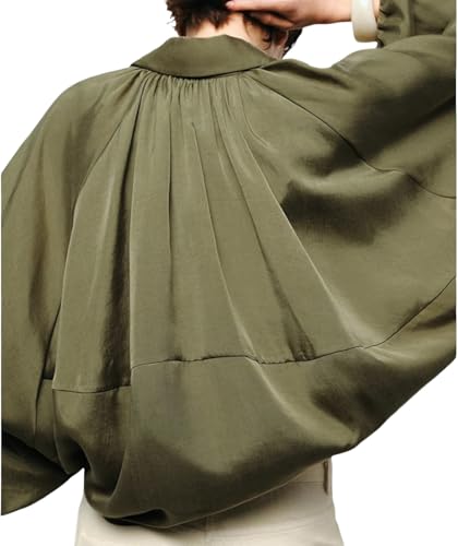 Womens Puffed Bomber Oversized Jacket Batwing Sleeve Streetwear Lapel Collar Zip Front Pleated Blouse Shirts4