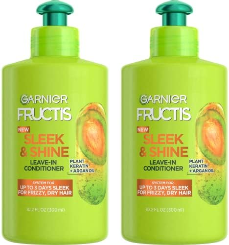 Garnier Fructis Sleek & Shine Leave-In Conditioner Cream, Anti-Frizz Hair Treatment with Plant Keratin + Argan Oil, Controls Frizz and Provides Smoothness For Frizzy, Dry Hair, 10.2 Fl Oz (Pack of 2)