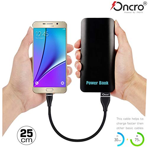 Image of Black indestructible Nylon Braided Strong Power Bank Cable for Micro USB Android Smartphones, Short Small Mini Round Cable, Charge & sync 2.4A max