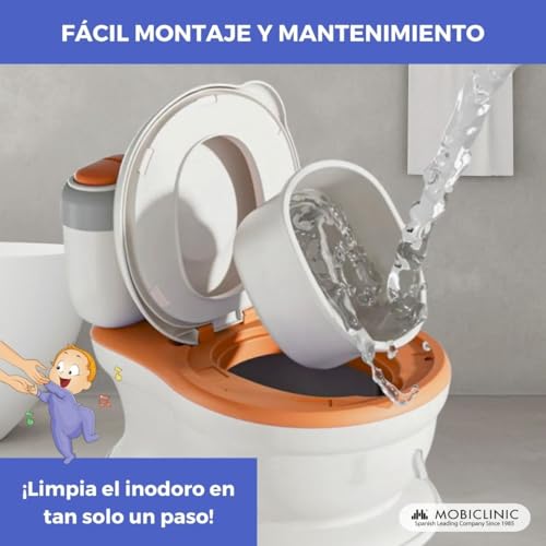Miniatura 6 de Mobiclinic® kids, Orinal bebé, Toikid, Edad 1-3 años, Con tapa, Sonido de descarga, Compartimento para papel higiénico, Funciona pilas, Cubeta extraíble, Asiento impermeable (naranja)