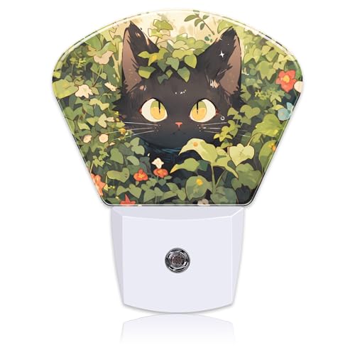 Image of Cute Black Cat in Grass Night Light for Kids Girls Boys, Black Cat LED Night Light Plug into Wall with Dusk to Dawn Sensor for Bedroom, Hallway, Kitchen, Bathroom, Stairs Decor