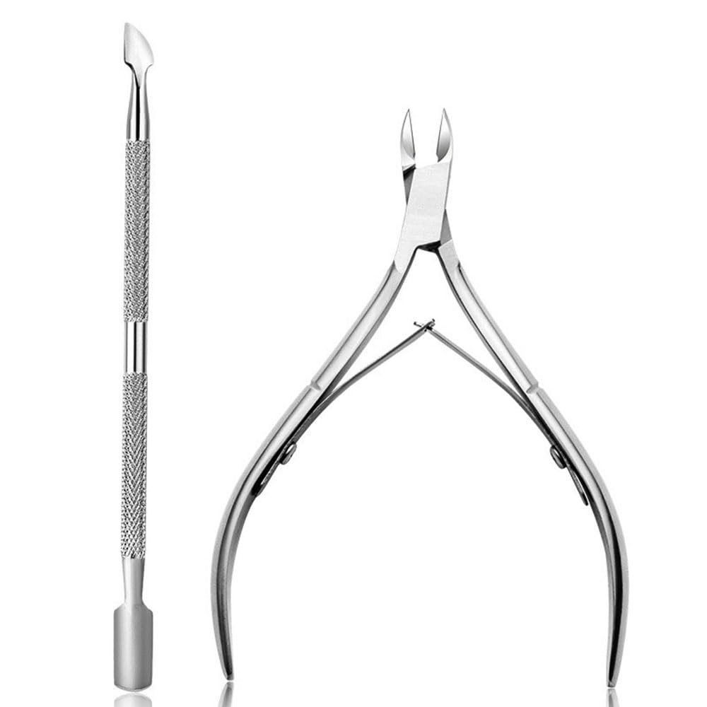 Double End Cuticle Pusher + Cuticle Nippers Duo, Professional Stainless Steel Cuticle Remover Tool Kit, Cuticle Nipper, Pedicure Manicure Pedicure Nail Cleaner,Cuticle Pusher Tool