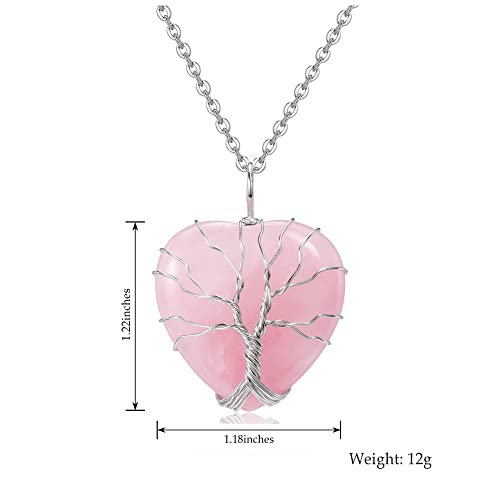 Top Plaza Natural Rose Quartz Healing Crystal Necklace Silver Tree Of Life Wire Wrapped Heart Shape Stone Pendant For Womens Girls Ladies Mothers Day Gifts #TOP5