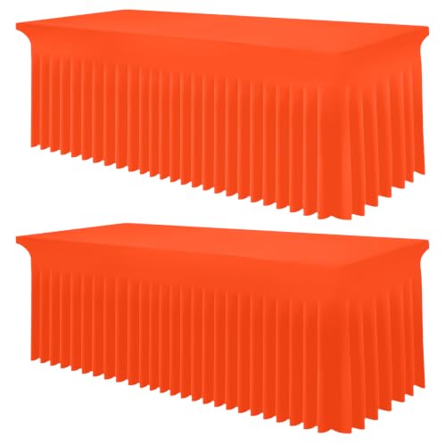 Image of Smiry 2 Pack Spandex Elastic Fitted Table Cloth Skirt for 8FT Table | Stretch Washable Table Cloth, Banquet Table Cover for Wedding, Party, Indoor & Trade Shows, (Orange, 96Lx30Wx30H)