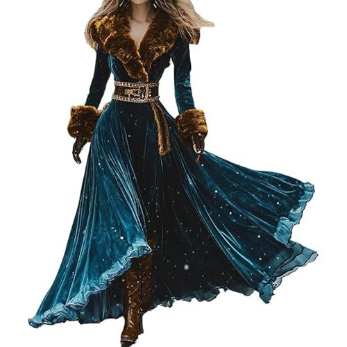 JIAALU Damen Vintage Samt Kleid Western Outfit Langarm Westernkleid Country Kleidung warmes fließendes langes Kleid für Winter