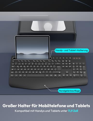 Kabellose Tastatur mit Handballenauflage, Full-Size Tastatur, Telefonhalter – Ansicht 3