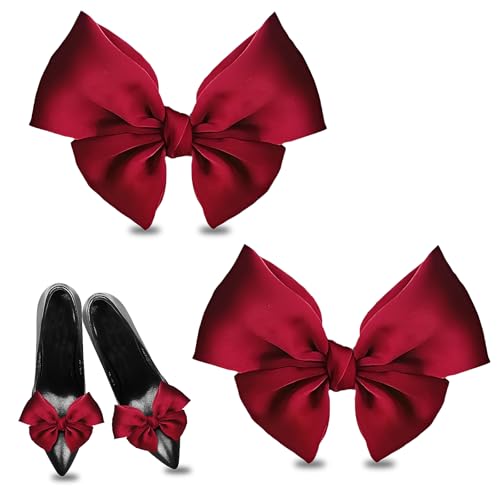 UOSIWYA 2 PCS Bow Shoe Clips, Shoe Buckles Removable Satin Cute Decorations Accessories for Women Girls Wedding Party Heels Flats (Red)