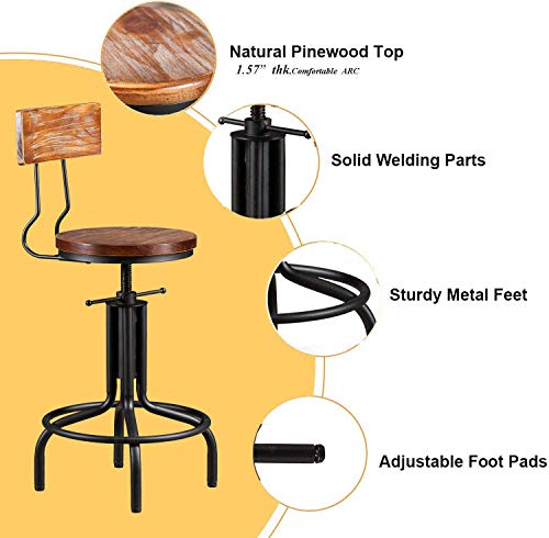 Gwarez Set Of 2 Industrial Bar Stool-Adjustable Height Swivel Farmhouse Kitchen Dining Breakfast Bar Chair-Cast Iron-22-26Inch Tall Counter Bar Height -With Backrest #TOP3