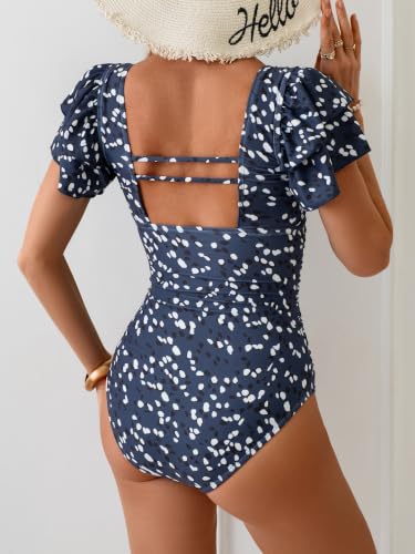Image of Eomenie Women's Tummy Control One Piece Swimsuit Ruffle Square Neck Bathing Suit Ruched Cutout Back Slimming Swimwear