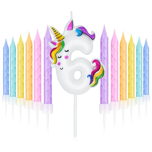 Threlaco Unicorn Birthday Girl Number Candle Macaron Unicorn Cake Topper Horses Decoration with 12 Pcs Rainbow Spiral Birthday Candles with Holders for Baby Boy Birthday Theme Party(Number 6)