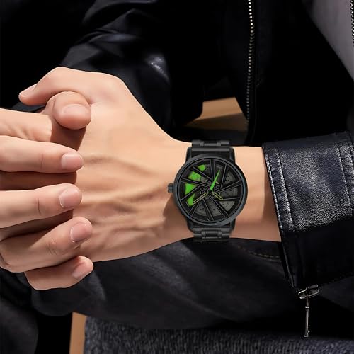 Image of HORAME 42mm Car Alloy Wheel Watch for Men, Gyro Wheel Rolling Watch for Men with Black Steel Chain, 30M Waterproof Round Metal Rim Rotating Watches, Analog RS7 Spinning Car Watches for Boys