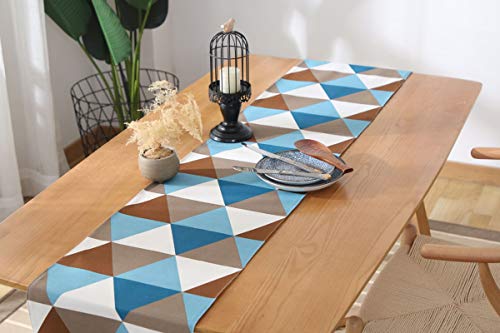 Chemin de table rectangulaire bleu avec extrémité triangle et pompon