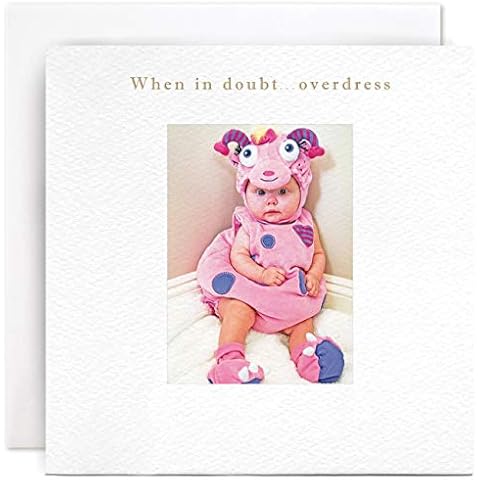 Susan O'Hanlon Blank Birthday Card - Baby in Goat Costume < When in Doubt.Overdress> Cover