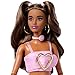 Barbie Deluxe Style Doll #12 in Pink Denim Crop Top with Matching Rose Print Flare Jeans, Wavy Brown Hair, Accessories Like Rose Handbag and Jewelry