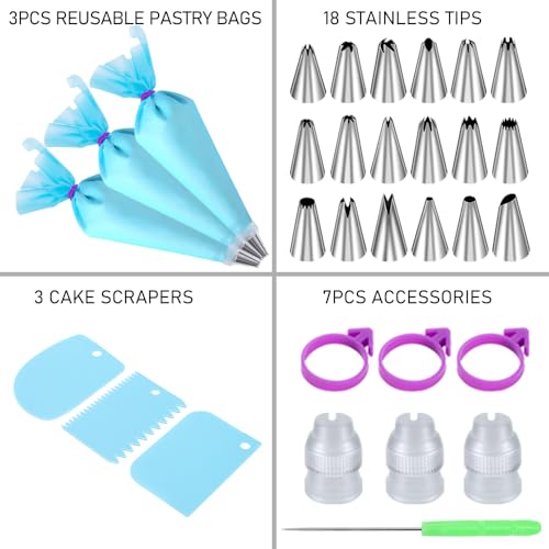 Piping Bags and Tips Set, Cakes Decorating Kit Supplies with 3 Reusable Pastry Bags, 18 Frosting Tips, 3 Couplers, 3 Bag Ties, 3 Cake Scraper, 1 Cake Decorating Tools for Cookie Icing