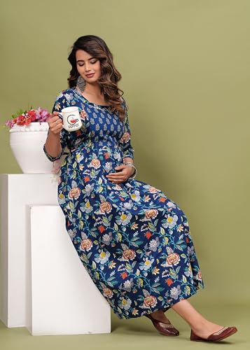 Image of Maternity Feeding Kurti for Women | Cotton Blend Anarkali Dress with Nursing Zip for Pre & Post Pregnancy