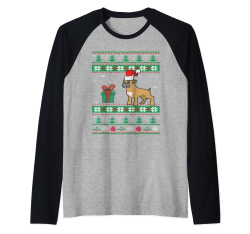 Boxer Dog Santa Hat Funny Ugly Christmas Xmas Dogs Lovers Camiseta Manga Raglan