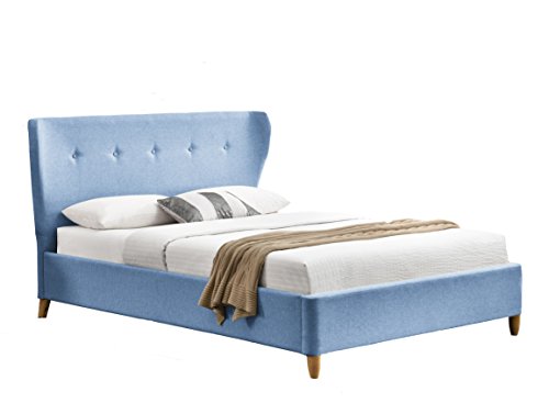 Cherry Tree Furniture PEGASUS Mid-Century Blue Linen Fabric Bed Frame with Solid Wood Legs (Blue, 4FT6 Double)