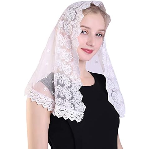Grettytling Chapel Veil Embroidered Lace Mantilla Veil Head Covering Veils for Church，White Cover