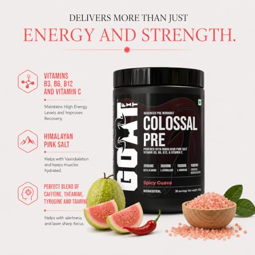 Image of Colossal Pre | PreWorkout Powder (Spicy Guava 180gm 15 Servings) 200mg Caffeine 3.5g Beta-Alanine 3g Citrulline 1.5g Arginine 1g Creatine with Himalayan Pink Salt