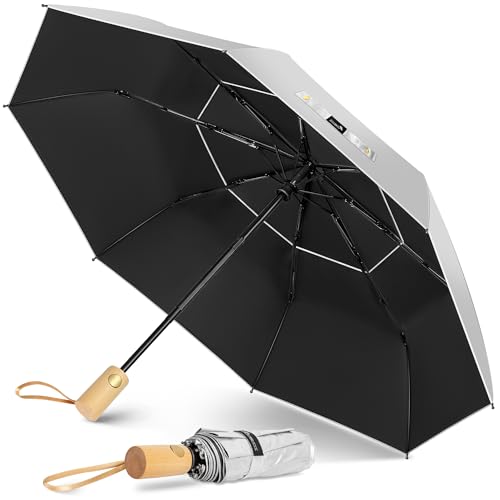 ZOMAKE Parasol Anti Uv,Paraguas Plegable AutomáTico De Sol con Ventilado Doble Cubierta,Paraguas Compacto Con Mango De Madera Para Hombre Mujer(Plateado Negro)