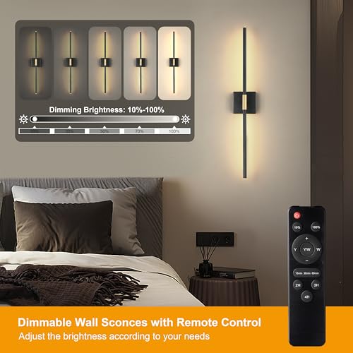 Image of 10000mAh Battery Operated Wall Sconces Set of 2, 3 Color Dimmable Rechargeable Wall Light with Remote, 30 Inch Black Gold Wireless Sconces Wall Decor with Timer Function for Living Room, Bedroom, TV