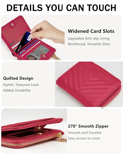 Image of Small Bifold Wallets Woman RFID Mini Wallet for Women Slim Card Holder with Zipper Coin Pocket & 2 ID Windows (Hot Pink)