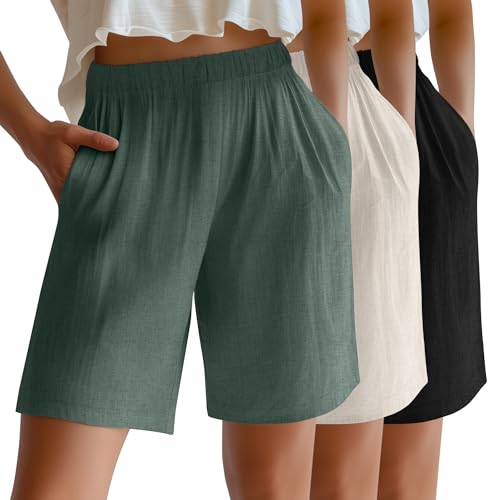 Riyiper 3 Pack Women's Linen Shorts Elastic High Waist Bermuda
