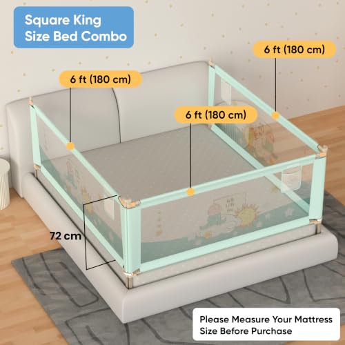 Image of Cherilo Bed Rails for Baby | Pack of 3 (Each Rail: 6ft / 180 cm) | 3 Side Bed Safety Guard for Kids | Foldable & Height Adjustable | Breathable Mesh, Kids-Friendly Prints | Sea Green (Pack of 3)