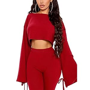 Two Piece Outfits for Women, Long Sleeve Crop Top and Bodycon Pants Tracksuit Sets, Fashion 2 piece Clubwear Sweatsuit - red - S