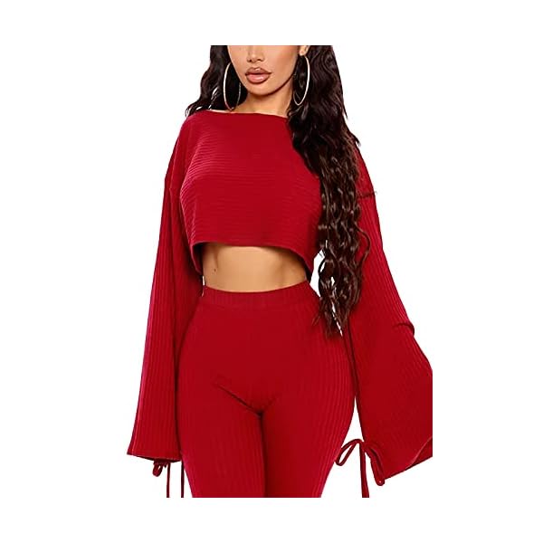 Two Piece Outfits for Women, Long Sleeve Crop Top and Bodycon Pants Tracksuit Sets, Fashion 2 piece Clubwear Sweatsuit - red - S