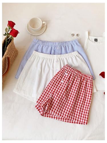 Image of MakeMeChic Women's 3 Pack Linen Shorts Gingham Striped Beach Shorts | Summer, Plaid, Cover Up Shorts