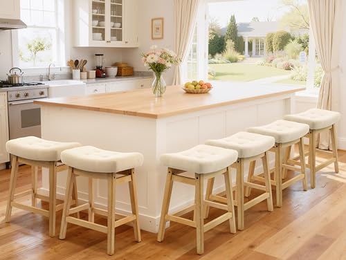 Counter Height Bar Stools Set of 6 for Kitchen Counter Farmhouse Modern Barstools with Upholstered Fabric Backless Seat and Solid Wood Legs 24 inch Bar Chairs, Khaki + Wood Color