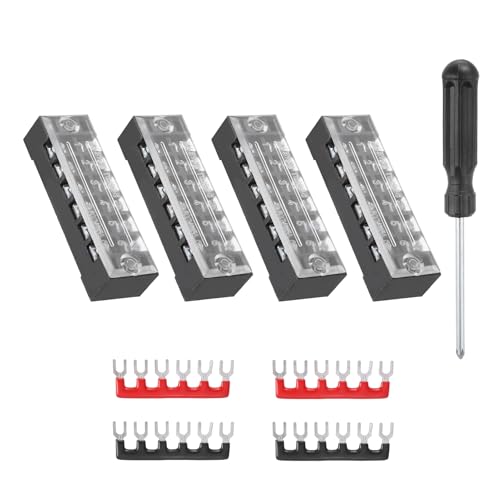 Image of sourcing map 4 Sets Screw Terminal Block 6 Positions Dual Row Screw Terminal Strip Block 600V 15A with Screwdriver and Black/Red Pre-Insulated Terminals Barrier Strip Wire Connector