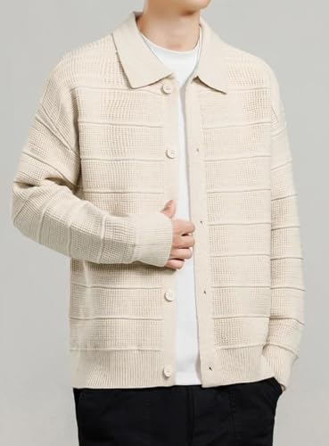 Men's Solid Color Casual Lapel Single-Breasted Hollow Striped Knitted Cardigan2