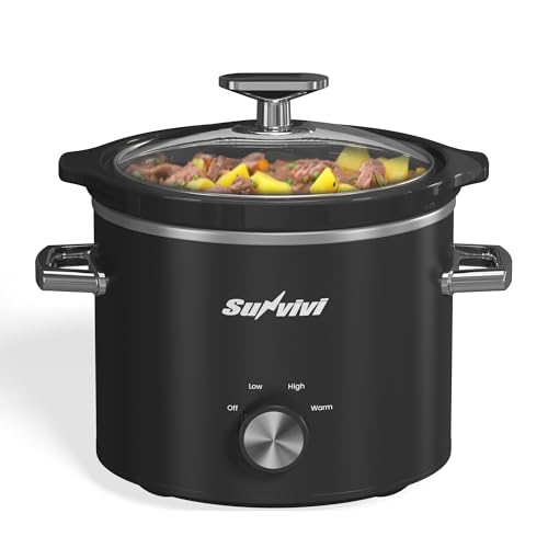 SUNVIVIPRO Small Slow Cooker with Removable Ceramic Pot, Food Warmer with 3 Heating Settings & Dishwasher Safe Glass Lid, Black