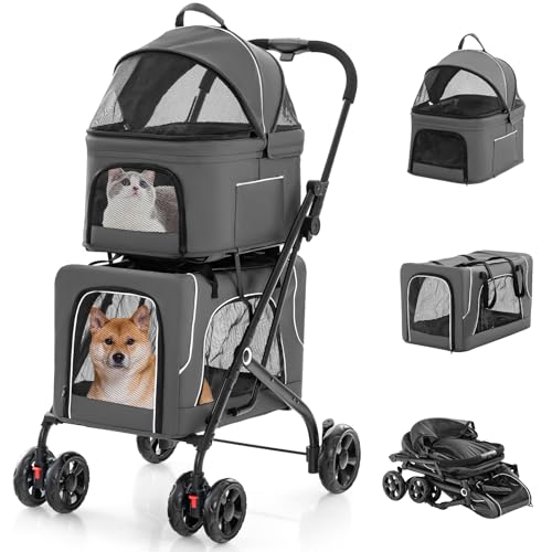 Poussette pour chien et chat à double compartiment avec freins